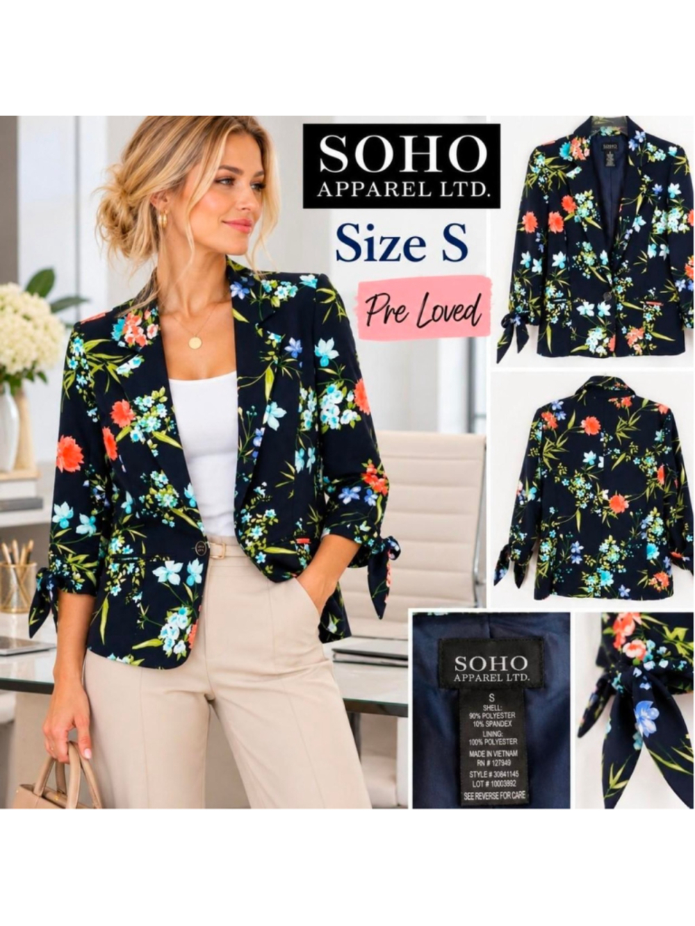 SOHO Apparel LTD Floral Blazer Size Small Navy Blue Tie Sleeve Jacket